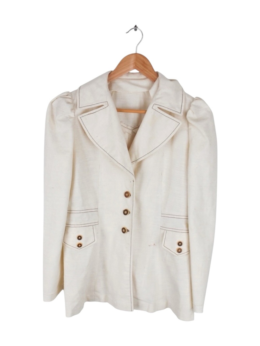 Vintage Womens White Linen Blend Blazer Jacket Puff Sleeve Contrast Stitch Small